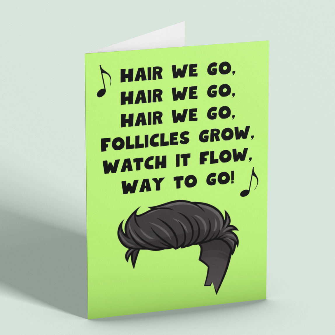 Green card with humorous text and a cartoon hairstyle on a light green background