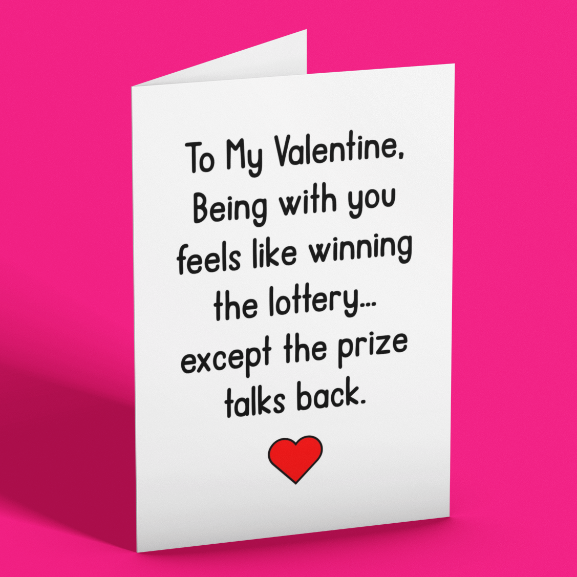 Valentine's Day card with humorous message on a pink background