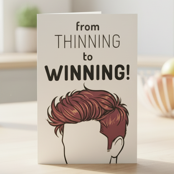 Greeting card with text 'from THINNING to WINNING!' and a illustration of a person with hair on a dark background