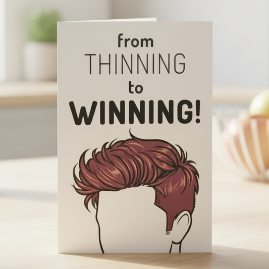 Greeting card with text 'from THINNING to WINNING!' and a illustration of a person with hair on a dark background