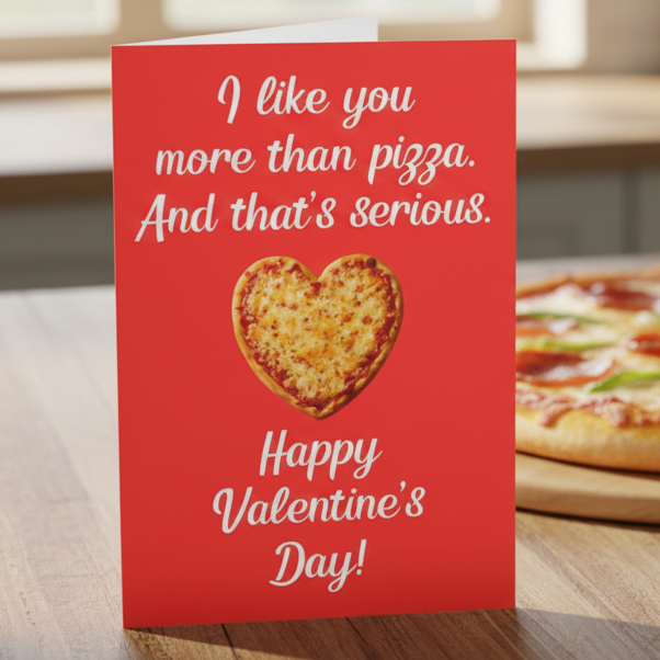 Valentine's Day card with heart-shaped pizza and humorous text on a red background