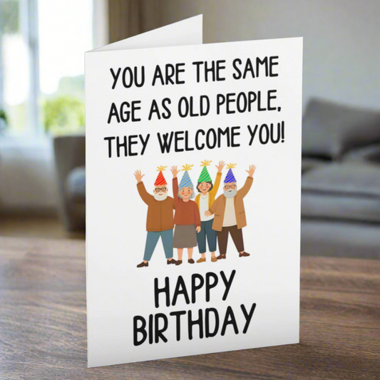 Birthday card with humorous text and illustration