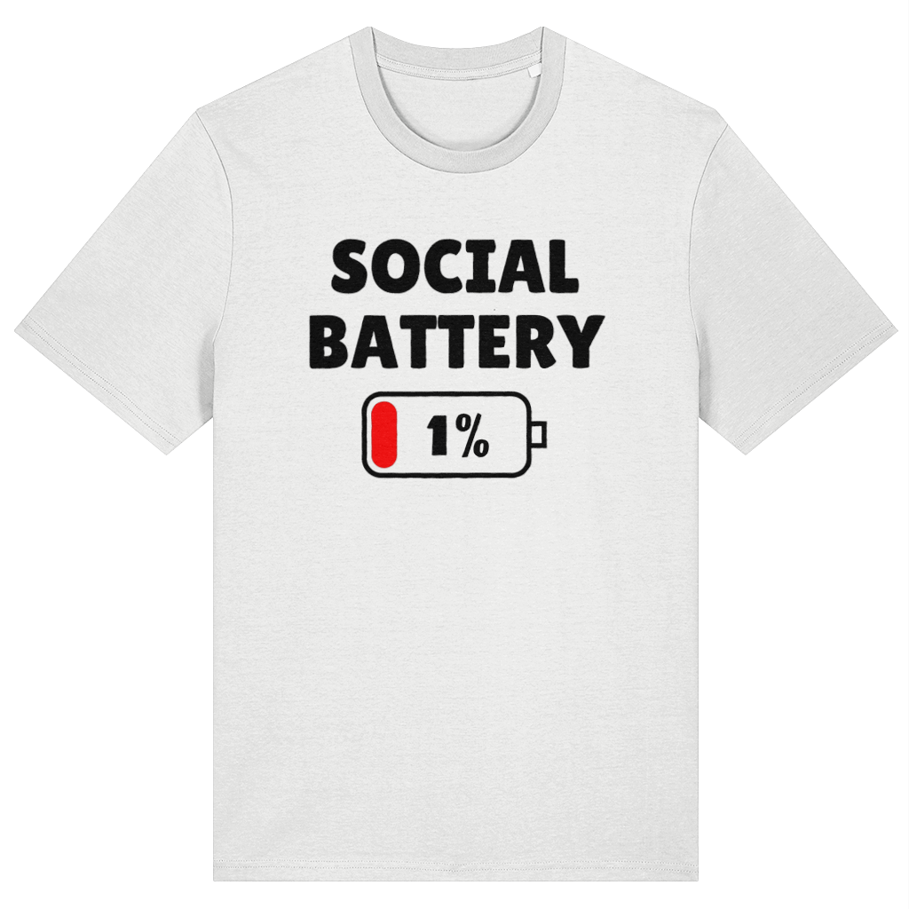 A white short-sleeve crewneck t-shirt featuring a black graphic that reads 'SOCIAL BATTERY' above a 1% battery icon with a red fill, shown on a plain white background.