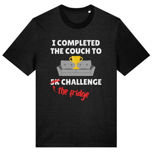 Black t-shirt with humorous text design on a white background