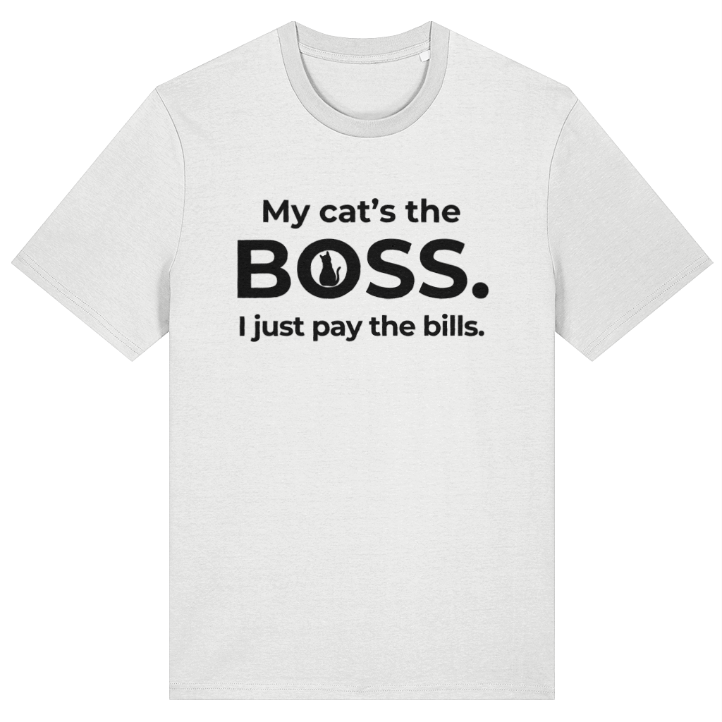 White t-shirt with black text 'My cat's the BOSS. I just pay the bills.' on a white background