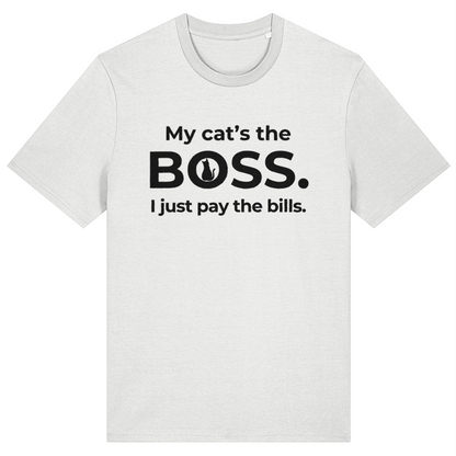 White t-shirt with black text 'My cat's the BOSS. I just pay the bills.' on a white background