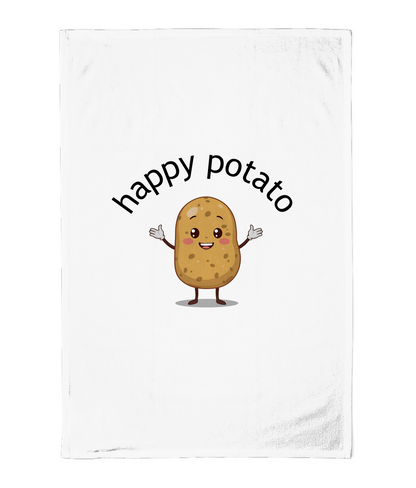 White towel with a cartoon potato and 'happy potato' text on a white background