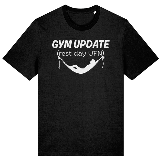 Black t-shirt with white text and graphic on a white background