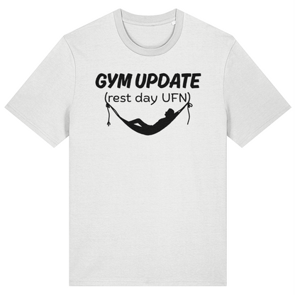 White t-shirt with black text and graphic on a white background