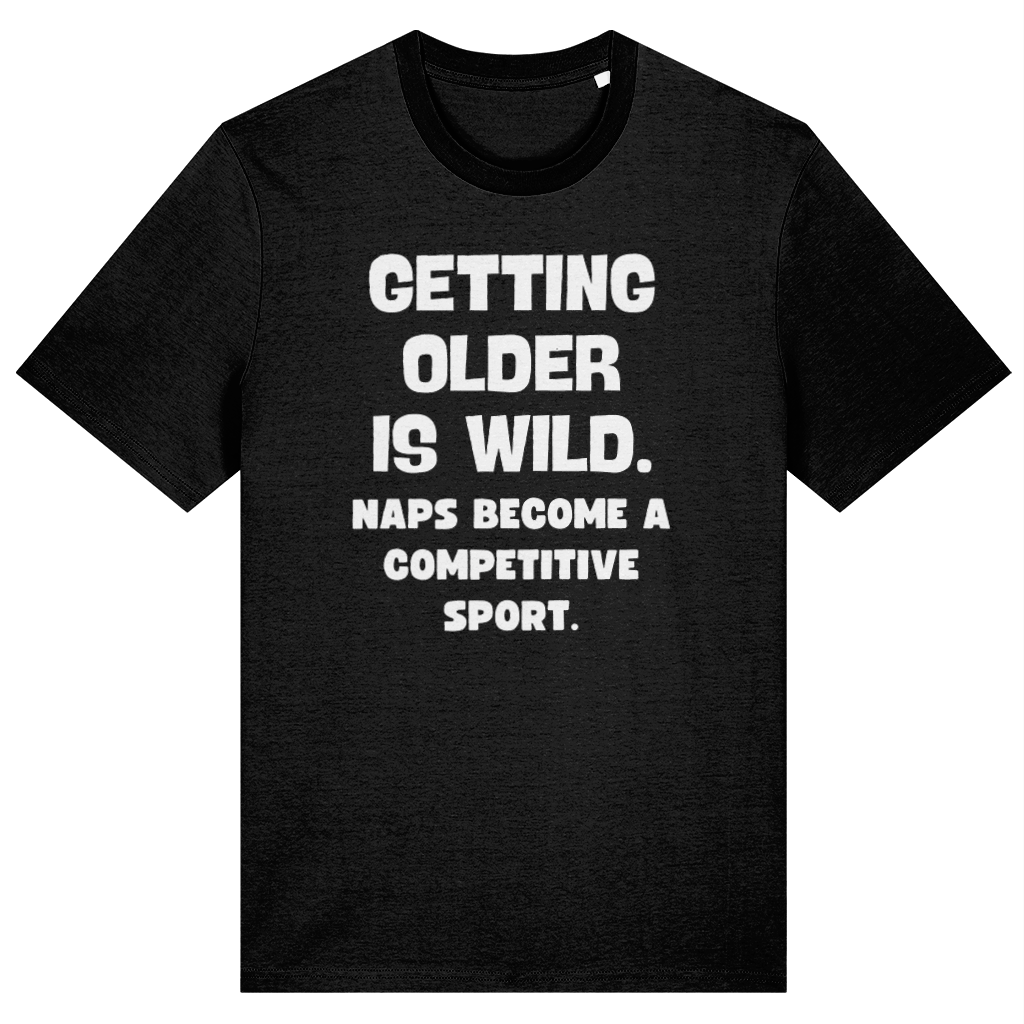 Black t-shirt with white text on a white background