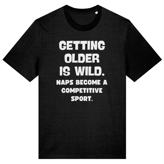 Black t-shirt with white text on a white background