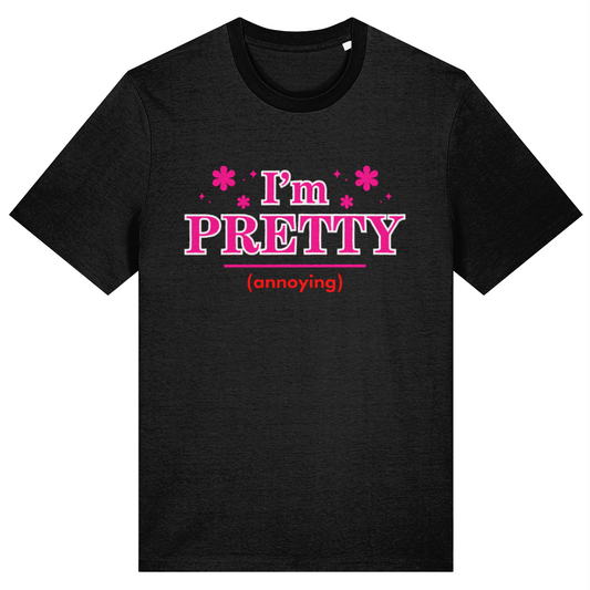 Black t-shirt with pink and red text on a white background
