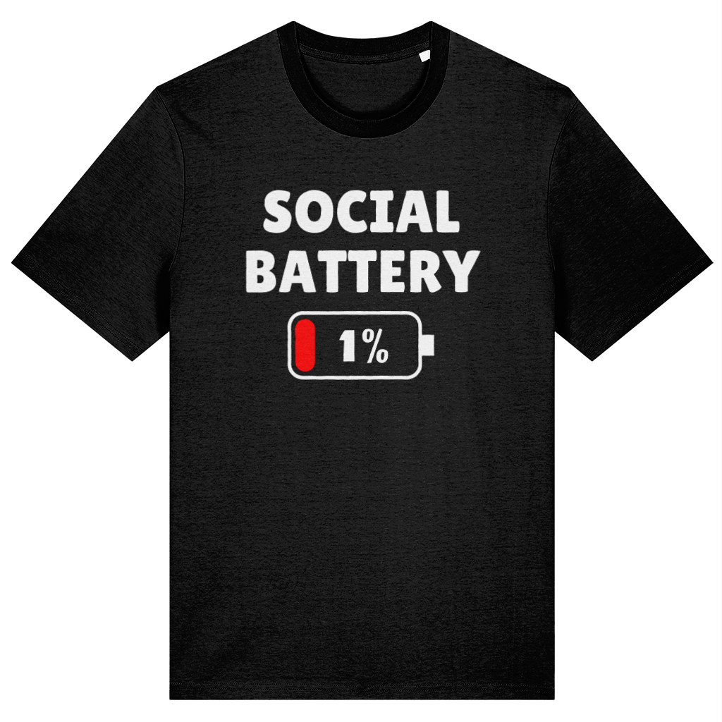A black short-sleeve t-shirt with a graphic on the front that reads 'SOCIAL BATTERY' in white text above a battery icon showing '1%' with a red low-battery indicator, displayed on a solid white background.