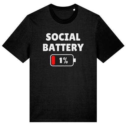 A black short-sleeve t-shirt with a graphic on the front that reads 'SOCIAL BATTERY' in white text above a battery icon showing '1%' with a red low-battery indicator, displayed on a solid white background.