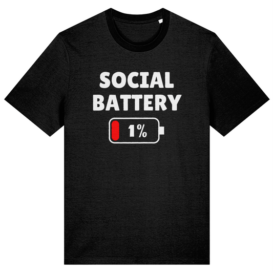 A black short-sleeve t-shirt with a graphic on the front that reads 'SOCIAL BATTERY' in white text above a battery icon showing '1%' with a red low-battery indicator, displayed on a solid white background.
