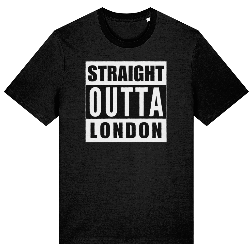 Black t-shirt with 'Straight Outta London' text on a white background