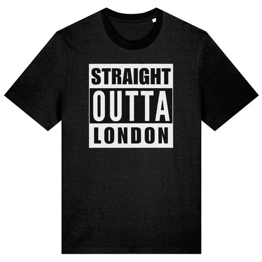 Black t-shirt with 'Straight Outta London' text on a white background