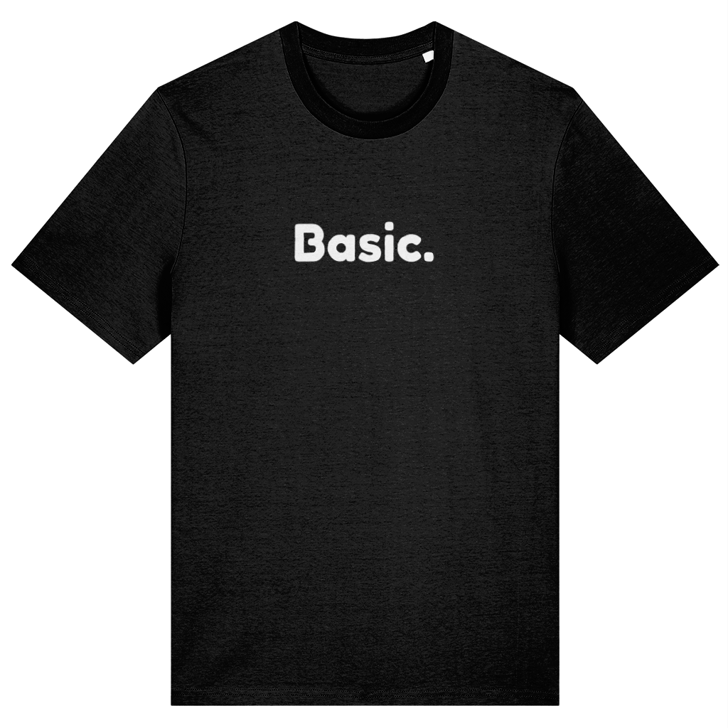 Black t-shirt with 'Basic.' text on a white background