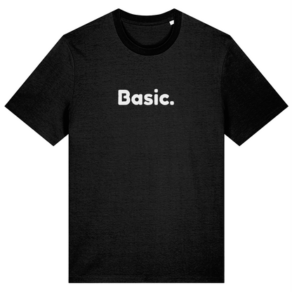 Black t-shirt with 'Basic.' text on a white background