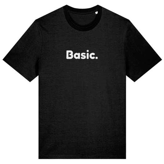 Black t-shirt with 'Basic.' text on a white background