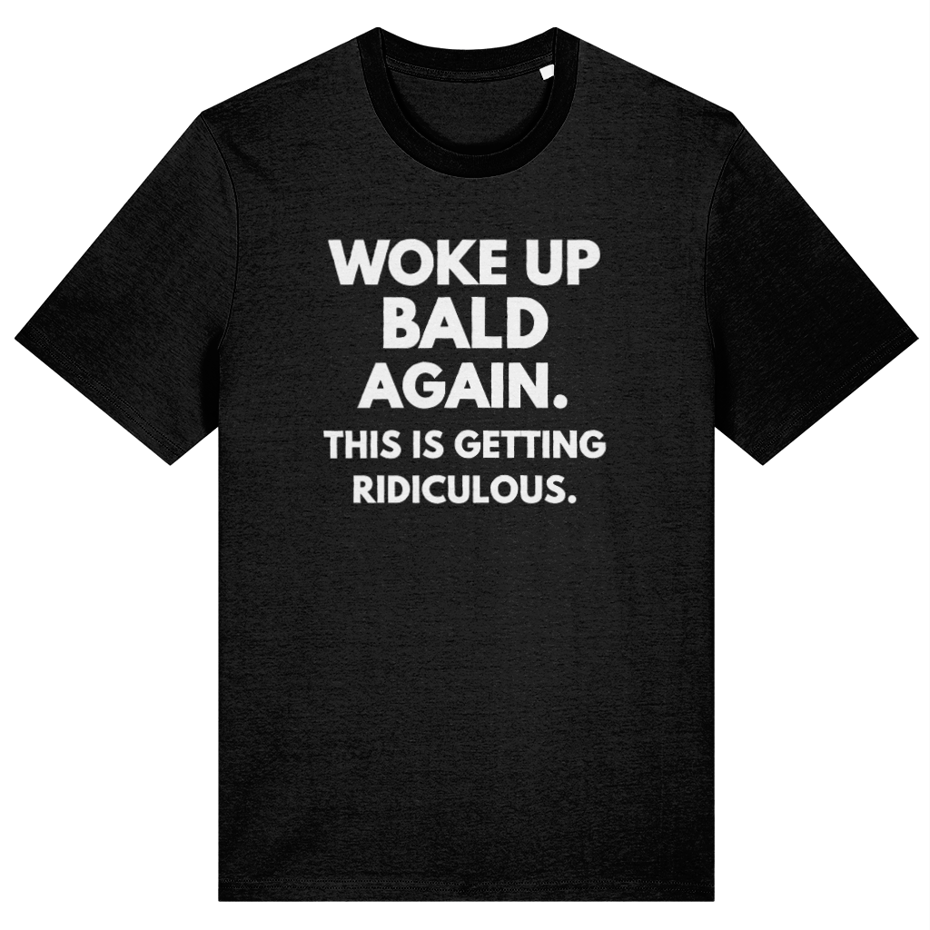 Black t-shirt with white text on a white background