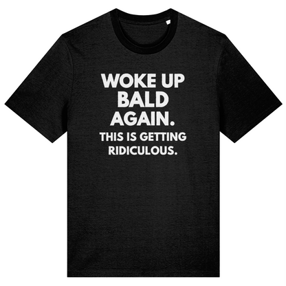 Black t-shirt with white text on a white background