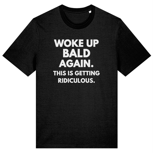 Black t-shirt with white text on a white background
