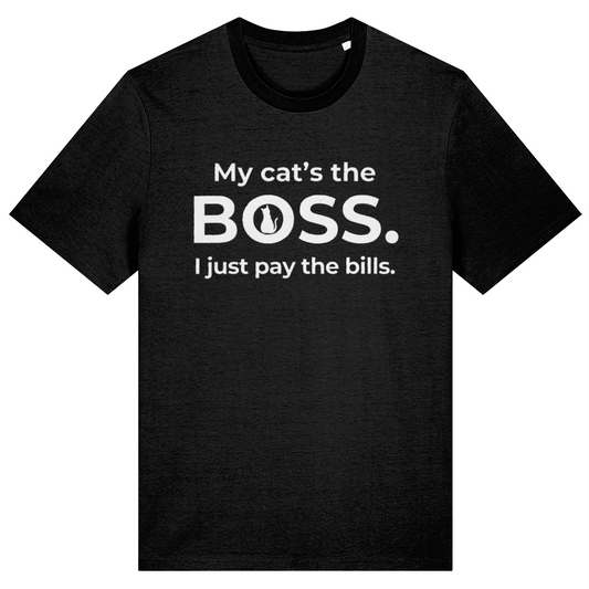 Black t-shirt with white text 'My cat's the BOSS. I just pay the bills.' on a white background