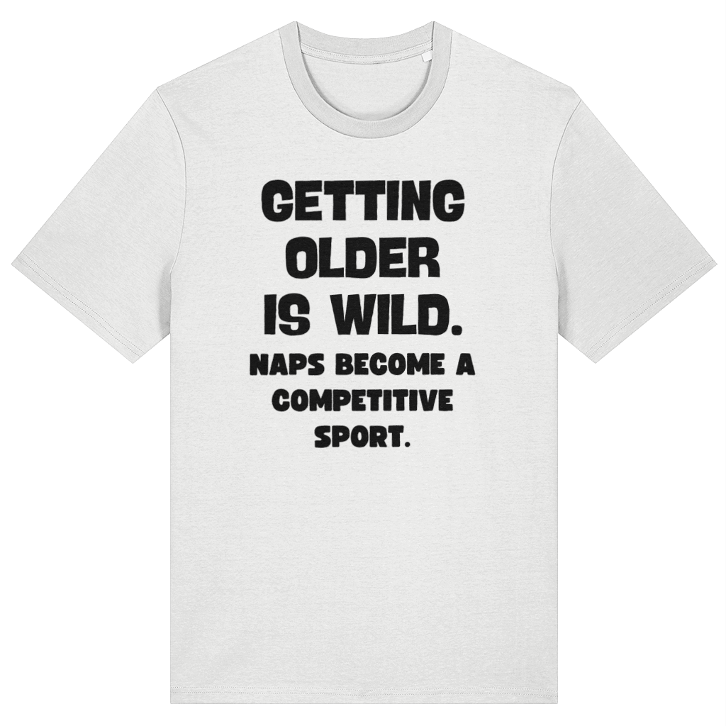 White t-shirt with black text on a white background