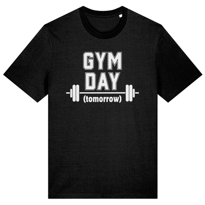 Black t-shirt with 'Gym Day (tomorrow)' text and barbell graphic on a white background