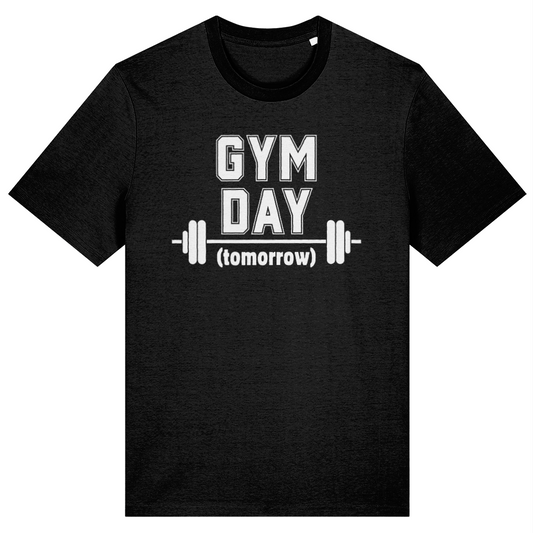 Black t-shirt with 'Gym Day (tomorrow)' text and barbell graphic on a white background