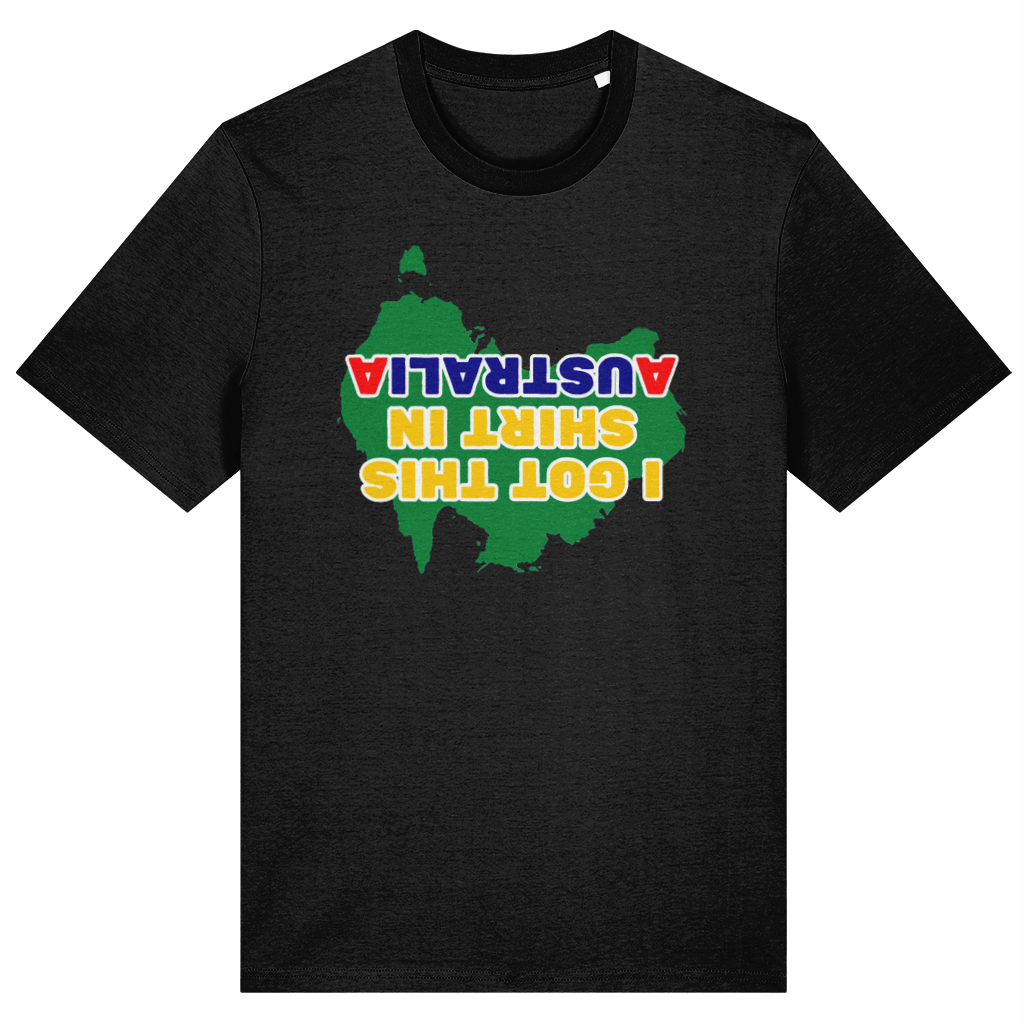 Black t-shirt with a colorful map of Australia and text on a white background