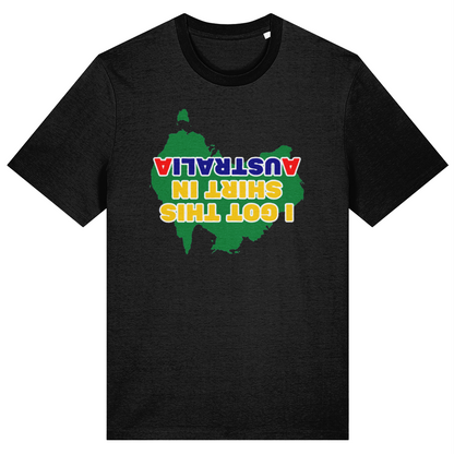Black t-shirt with a colorful map of Australia and text on a white background