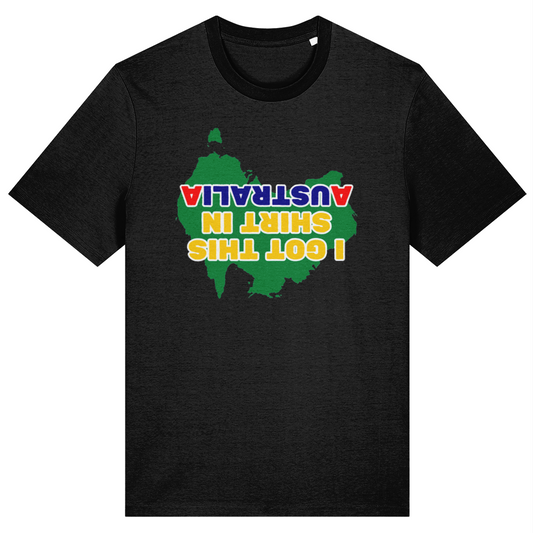 Black t-shirt with a colorful map of Australia and text on a white background