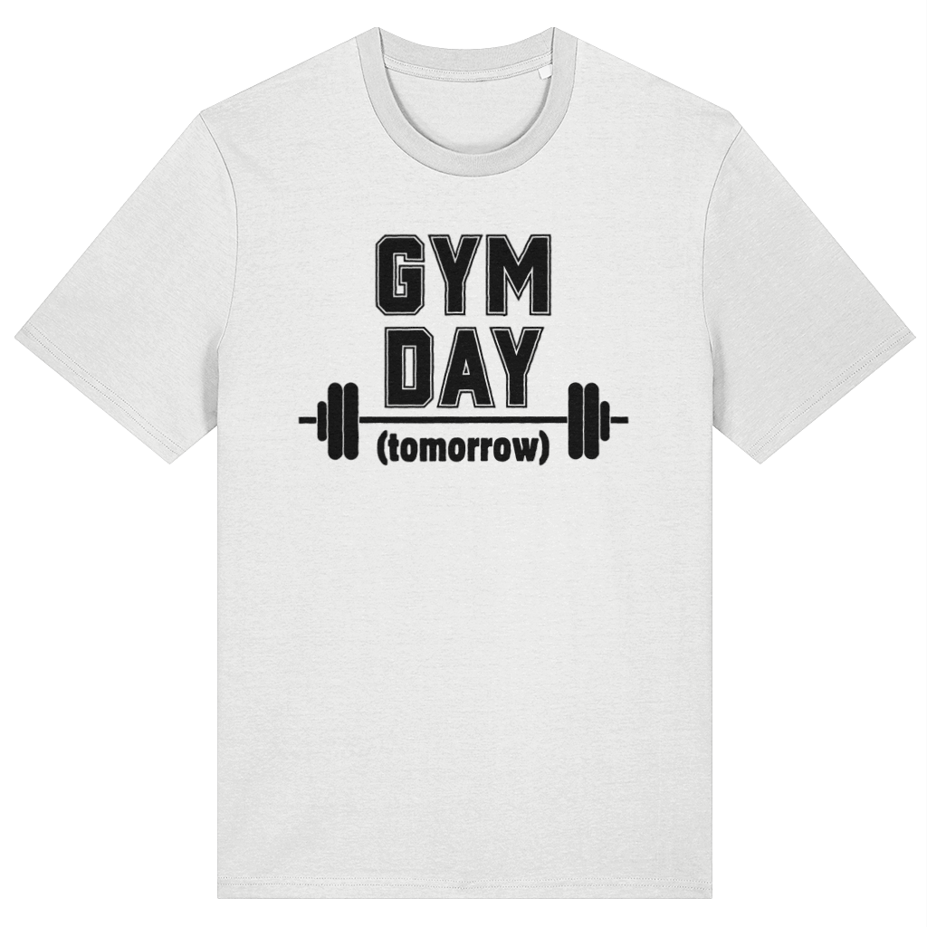 White t-shirt with 'GYM DAY (tomorrow)' text and barbell graphic on a white background