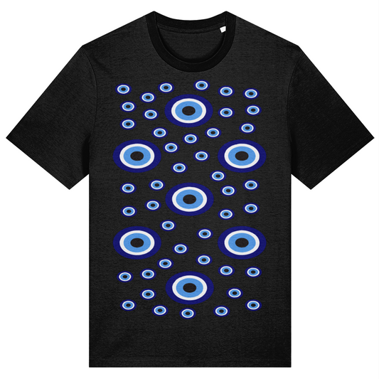 Black t-shirt with blue and white circular pattern on a white background