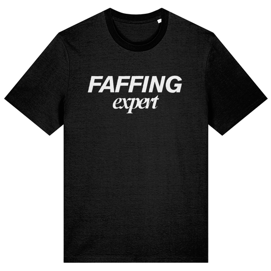 Black t-shirt with 'FAFFING expert' text on a white background