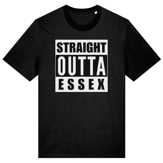 Black t-shirt with 'Straight Outta Essex' text on a white background