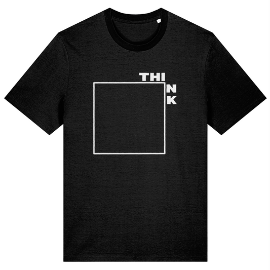 Black t-shirt with 'THINK' and a square design on a white background