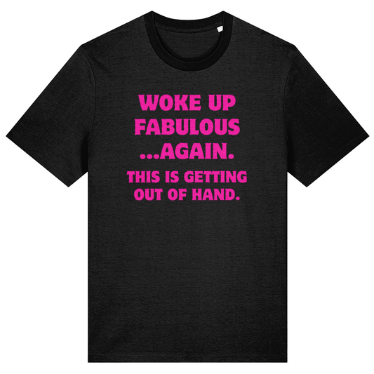 Black t-shirt with pink text on a white background