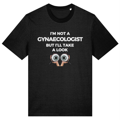 Black t-shirt with humorous text and cartoon eyes design on a white background