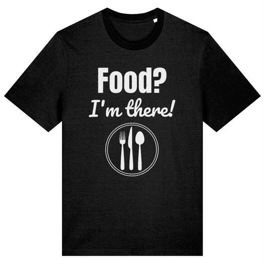 Black t-shirt with 'Food? I'm there!' text and utensil icons on a white background