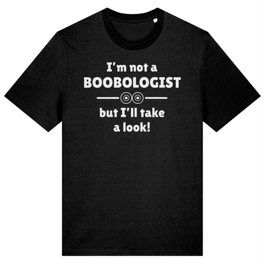 Black t-shirt with white text on a white background