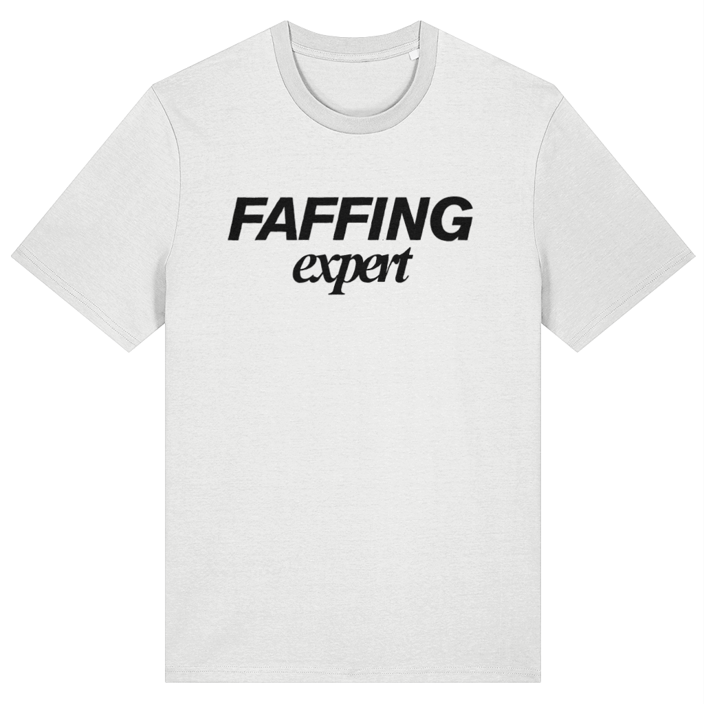 White t-shirt with 'FAFFING expert' text on a white background