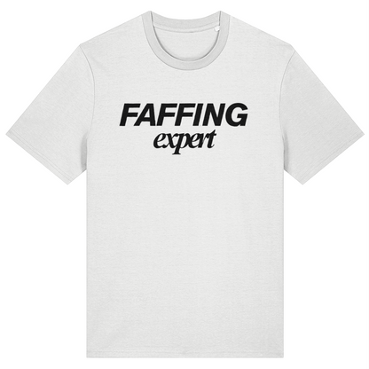 White t-shirt with 'FAFFING expert' text on a white background