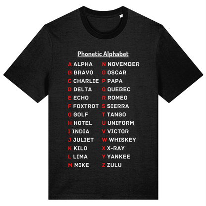 Black t-shirt with Phonetic Alphabet text on a white background
