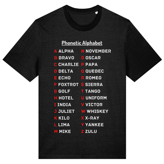 Black t-shirt with Phonetic Alphabet text on a white background