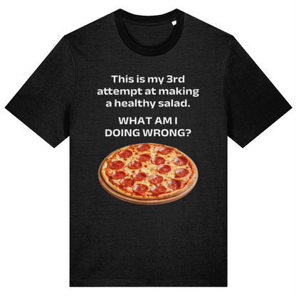 Black t-shirt with a pizza graphic and humorous text on a white background