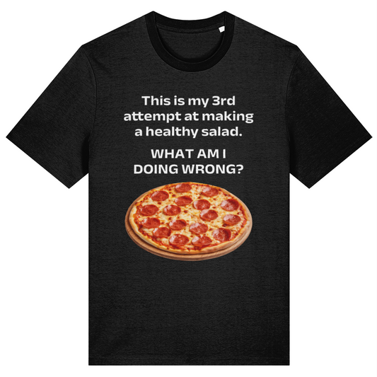 Black t-shirt with a pizza graphic and humorous text on a white background