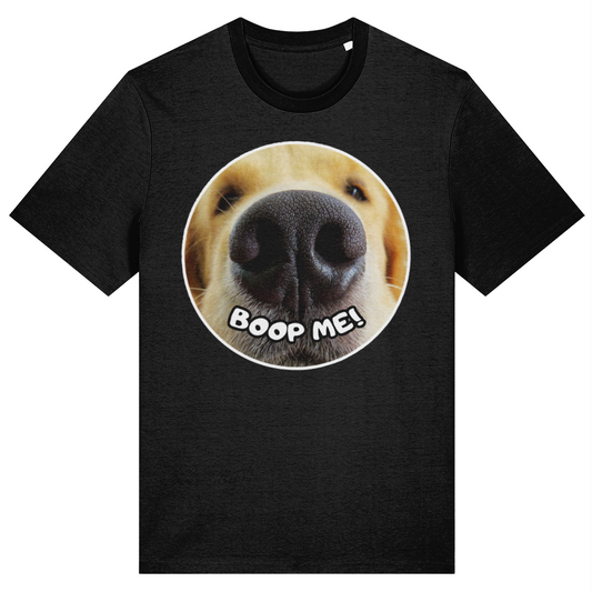 Black t-shirt with a dog's nose graphic and 'Boop Me!' text on a white background